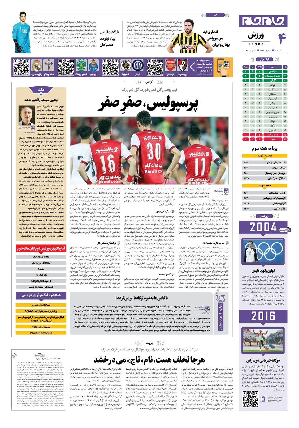 روزنامه تاریخ ۳۰ مرداد ۱۴۰۱